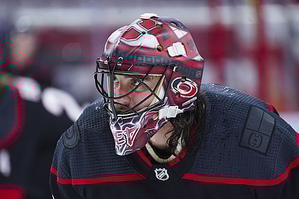 May 17, 2021; Raleigh, North Carolina, USA; Carolina Hurricanes goaltender Alex Nedeljkovic (39) looks on before the game against the Nashville Predators in game one of the first round of the 2021 Stanley Cup Playoffs at PNC Arena. Mandatory Credit: James Guillory-USA TODAY Sports