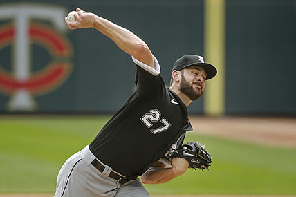 May 19, 2021; Minneapolis, Minnesota, USA; Chicago White Sox starting pitcher Lucas Giolito (27) throws to the Minnesota Twins in the second inning at Target Field. Mandatory Credit: Bruce Kluckhohn-USA TODAY Sports