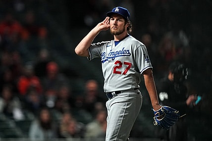 May 21, 2021; San Francisco, California, USA; Los Angeles Dodgers starting pitcher Trevor Bauer (27) gestures after being removed from the game during the seventh inning against the San Francisco Giants at Oracle Park. Mandatory Credit: Darren Yamashita-USA TODAY Sports
