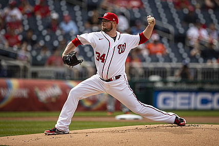 May 22, 2021; Washington, District of Columbia, USA; Washington Nationals starting pitcher Jon Lester (34) pitches during the first inning against the Baltimore Orioles  at Nationals Park. Mandatory Credit: Scott Taetsch-USA TODAY Sports