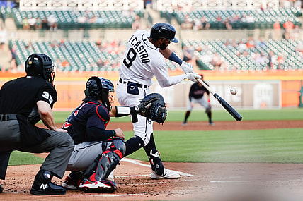 May 24, 2021; Detroit, Michigan, USA;  Detroit Tigers shortstop Willi Castro (9) hits an RBI double in the second inning against the Cleveland Indians at Comerica Park. Mandatory Credit: Rick Osentoski-USA TODAY Sports