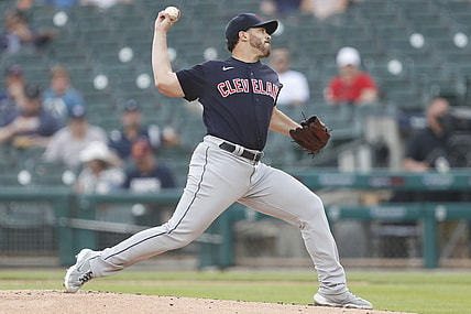 May 25, 2021; Detroit, Michigan, USA; Cleveland Indians starting pitcher Aaron Civale (43) pitches during the first inning against the Detroit Tigers at Comerica Park. Mandatory Credit: Raj Mehta-USA TODAY Sports