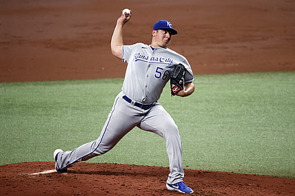 May 25, 2021; St. Petersburg, Florida, USA; Kansas City Royals starting pitcher Brad Keller (56) throws a pitch during the third inning against the Tampa Bay Rays at Tropicana Field. Mandatory Credit: Kim Klement-USA TODAY Sports