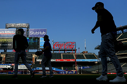 May 26, 2021; New York City, New York, USA; Colorado Rockies players take the field for batting practice before a game against the New York Mets at Citi Field. The game was postponed due to the threat of inclement weather. Mandatory Credit: Brad Penner-USA TODAY Sports