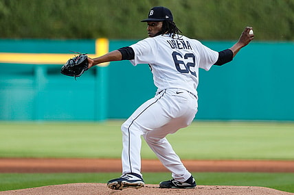 Tigers pitcher Jose Urena delivers a pitch against Cleveland during the first inning at Comerica Park on Wednesday, May 26, 2021.