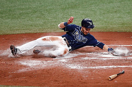 May 26, 2021; St. Petersburg, Florida, USA;  Tampa Bay Rays third baseman Mike Brosseau (43) scores a run  in the fourth inning against the Kansas City Royals at Tropicana Field. Mandatory Credit: Nathan Ray Seebeck-USA TODAY Sports