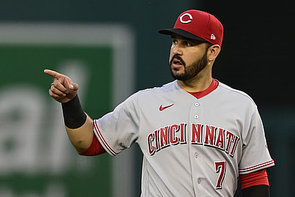 May 26, 2021; Washington, District of Columbia, USA;  Cincinnati Reds third baseman Eugenio Suarez (7) during  the first inning against the Washington Nationals at Nationals Park. Mandatory Credit: Tommy Gilligan-USA TODAY Sports