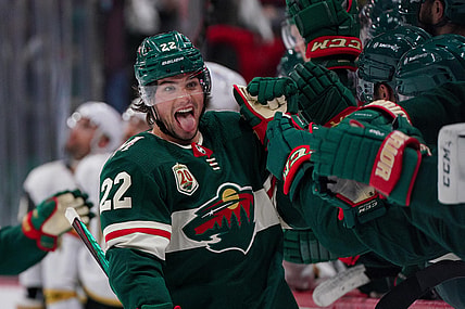 May 26, 2021; Saint Paul, Minnesota, USA; Minnesota Wild forward Kevin Fiala (22) celebrates his goal against Vegas Golden Knights in the third period in game six of the first round of the 2021 Stanley Cup Playoffs at Xcel Energy Center. Mandatory Credit: Brad Rempel-USA TODAY Sports