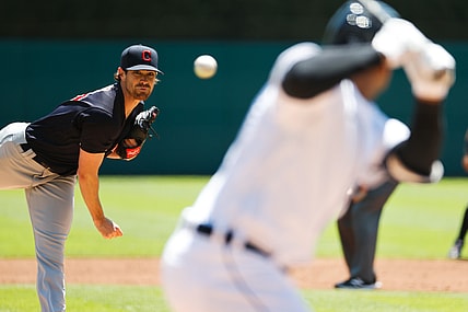 May 27, 2021; Detroit, Michigan, USA;  Cleveland Indians starting pitcher Shane Bieber (57) pitches in the first inning against the Detroit Tigers at Comerica Park. Mandatory Credit: Rick Osentoski-USA TODAY Sports