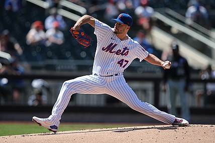 May 27, 2021; New York City, New York, USA; New York Mets starting pitcher Joey Lucchesi (47) pitches against the Colorado Rockies during the first inning at Citi Field. Mandatory Credit: Brad Penner-USA TODAY Sports
