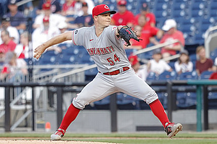 May 27, 2021; Washington, District of Columbia, USA; Cincinnati Reds starting pitcher Sonny Gray (54) pitches against the Washington Nationals in the first inning at Nationals Park. Mandatory Credit: Geoff Burke-USA TODAY Sports