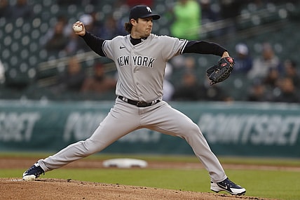 May 28, 2021; Detroit, Michigan, USA; New York Yankees starting pitcher Gerrit Cole (45) pitches during the first inning against the Detroit Tigers at Comerica Park. Mandatory Credit: Raj Mehta-USA TODAY Sports