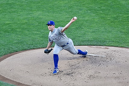 May 28, 2021; Minneapolis, Minnesota, USA; Kansas City Royals starting pitcher Kris Bubic (50) throws a pitch against the Minnesota Twins during the first inning at Target Field. Mandatory Credit: Jeffrey Becker-USA TODAY Sports