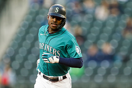 May 28, 2021; Seattle, Washington, USA; Seattle Mariners left fielder Kyle Lewis (1) runs the bases after hitting a two-run home run against the Texas Rangers during the third inning at T-Mobile Park. Mandatory Credit: Joe Nicholson-USA TODAY Sports