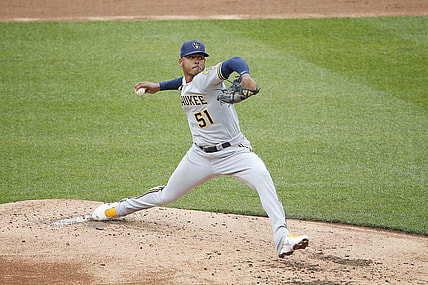 May 29, 2021; Washington, District of Columbia, USA; Milwaukee Brewers starting pitcher Freddy Peralta (51) throws the ball against the Washington Nationals during the first inning at Nationals Park. Mandatory Credit: Amber Searls-USA TODAY Sports