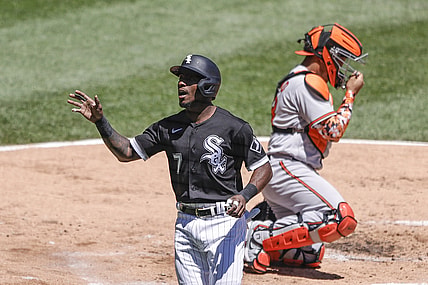 May 29, 2021; Chicago, Illinois, USA; Chicago White Sox shortstop Tim Anderson (7) celebrates after scoring against the Baltimore Orioles during the first inning of the first game of a doubleheader at Guaranteed Rate Field. Mandatory Credit: Kamil Krzaczynski-USA TODAY Sports