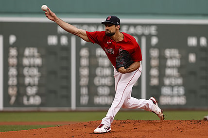 May 29, 2021; Boston, Massachusetts, USA; Boston Red Sox starting pitcher Nathan Eovaldi (17) pitches against the Miami Marlins during the first inning at Fenway Park. Mandatory Credit: Winslow Townson-USA TODAY Sports
