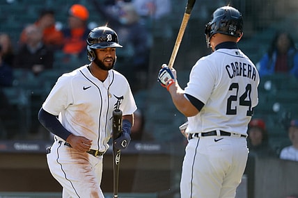 May 29, 2021; Detroit, Michigan, USA;  Detroit Tigers shortstop Willi Castro (9) celebrates with designated hitter Miguel Cabrera (24) after scoring against the New York Yankees in the fifth inning at Comerica Park. Mandatory Credit: Rick Osentoski-USA TODAY Sportsn