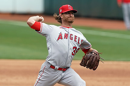 May 29, 2021; Oakland, California, USA; Los Angeles Angels starting pitcher Alex Cobb (38) throws a pitch during the sixth inning against the Oakland Athletics at RingCentral Coliseum. Mandatory Credit: Darren Yamashita-USA TODAY Sports