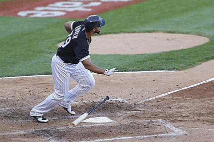 May 29, 2021; Chicago, Illinois, USA; Chicago White Sox first baseman Jose Abreu (79) watches his two run home run against the Baltimore Orioles during the fifth inning of the second game of a doubleheader at Guaranteed Rate Field. Mandatory Credit: Kamil Krzaczynski-USA TODAY Sports
