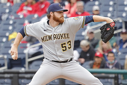 May 30, 2021; Washington, District of Columbia, USA;  Milwaukee Brewers starting pitcher Brandon Woodruff (53) p[itches against the Washington Nationals in the first inning at Nationals Park. Mandatory Credit: Geoff Burke-USA TODAY Sports