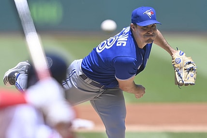 May 30, 2021; Cleveland, Ohio, USA; Toronto Blue Jays starting pitcher Ross Stripling (48) delivers a pitch in the first inning against the Cleveland Indians at Progressive Field. Mandatory Credit: David Richard-USA TODAY Sports