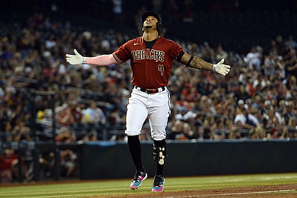 May 30, 2021; Phoenix, Arizona, USA; Arizona Diamondbacks second baseman Ketel Marte (4) reacts as he runs the bases after hitting a home run against the St. Louis Cardinals during the third inning at Chase Field. Mandatory Credit: Joe Camporeale-USA TODAY Sports