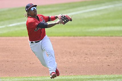 May 31, 2021; Cleveland, Ohio, USA; Cleveland Indians third baseman Jose Ramirez (11) throws to first base in the second inning against the Chicago White Sox at Progressive Field. Mandatory Credit: David Richard-USA TODAY Sports