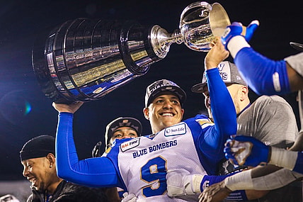Nov 24, 2019; Calgary, Alberta, CAN; Winnipeg Blue Bombers kicker Justin Medlock (9) celebrates win over Hamilton Tiger-Cats during the 107th Grey Cup championship football game at McMahon Stadium. Mandatory Credit: Sergei Belski-USA TODAY Sports