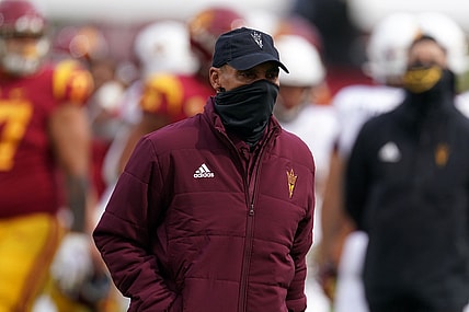 Nov 7, 2020;  Los Angeles CA, USA; Arizona State Sun Devils head coach Herm Edwards walks off the field after the game against the Southern California Trojans  at the Los Angeles Memorial Coliseum. USC defeated Arizona State 28-27.  Mandatory Credit: Kirby Lee-USA TODAY Sports