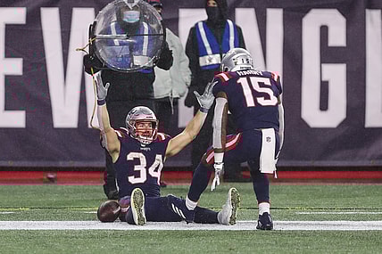 Nov 15, 2020; Foxborough, Massachusetts, USA; New England Patriots running back Rex Burkhead (34) celebrates after scoring a touchdown during the first half against the Baltimore Ravens at Gillette Stadium. Mandatory Credit: Paul Rutherford-USA TODAY Sports