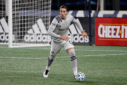 Nov 20, 2020; Foxborough, Massachusetts, USA; Montreal Impact defender Luis Binks (5) during the first half against the New England Revolution at Gillette Stadium. Mandatory Credit: Winslow Townson-USA TODAY Sports