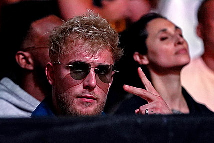 Apr 24, 2021; Jacksonville, Florida, USA; YouTube start Jake Paul looks on before Anthony Smith (Red Gloves) fights Jimmy Crute (Blue Gloves) during UFC 261 at VyStar Veterans Memorial Arena. Mandatory Credit: Jasen Vinlove-USA TODAY Sports