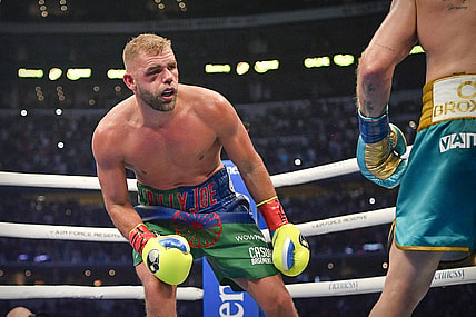 May 8, 2021; Arlington, Texas, USA; Boxer Billy Joe Saunders suffers a quadripod fracture to his orbital bone on a punch from Canelo Alvarez and loses on a technical knockout during a super middleweight boxing title fight at AT&T Stadium. Mandatory Credit: Jerome Miron-USA TODAY Sports
