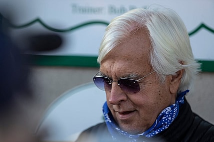 Medina Spirit's trainer Bob Baffert talks with the media during Kentucky Derby week. Medina Spirit tested positive for an abundance of an anti-inflammatory drug following the race. April 26, 2021

Af5i8224