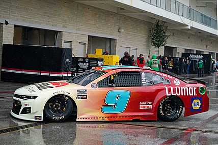 May 22, 2021; Austin, TX, USA; Chase Elliott (9) pulls out of garage for Nascar Cup Series practice at Circuit of the Americas. Mandatory Credit: Scott Wachter-USA TODAY Sports