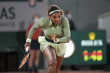 May 31, 2021; Paris, France; Serena Williams (USA) in action during her match against Irina-Camelia Begu (ROU) on day two at Roland Garros Stadium. Mandatory Credit: Susan Mullane-USA TODAY Sports