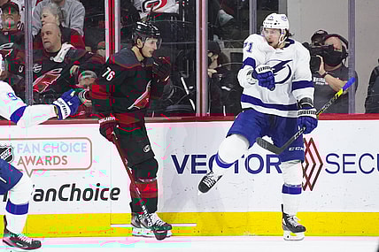 Jun 1, 2021; Raleigh, North Carolina, USA; Tampa Bay Lightning center Anthony Cirelli (71) celebrates his third period goal against the Carolina Hurricanes in game two of the second round of the 2021 Stanley Cup Playoffs at PNC Arena. Mandatory Credit: James Guillory-USA TODAY Sports