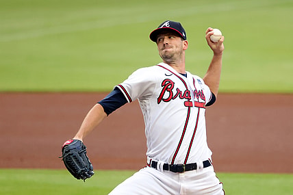 Jun 2, 2021; Atlanta, Georgia, USA; Atlanta Braves starting pitcher Drew Smyly (18) pitches to a Washington Nationals batter during the first inning at Truist Park. Mandatory Credit: Jason Getz-USA TODAY Sports