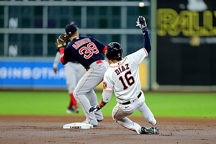 Jun 3, 2021; Houston, Texas, USA; Houston Astros shortstop Aledmys Diaz (16) slides into second base after hitting a double to left field against the Boston Red Sox during the first inning at Minute Maid Park. Mandatory Credit: Erik Williams-USA TODAY Sports