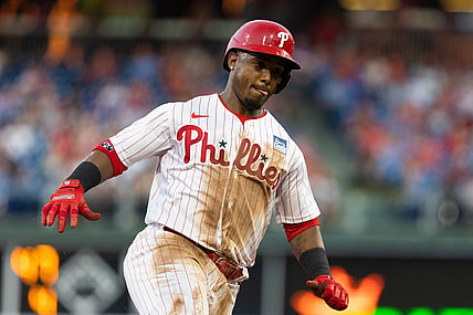 Jun 4, 2021; Philadelphia, Pennsylvania, USA; Philadelphia Phillies shortstop Jean Segura (2) runs the bases on his way to scoring a run during the fourth inning against the Washington Nationals at Citizens Bank Park. Mandatory Credit: Bill Streicher-USA TODAY Sports