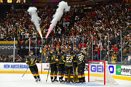 Jun 4, 2021; Las Vegas, Nevada, USA; Vegas Golden Knights players celebrate around Vegas Golden Knights goaltender Marc-Andre Fleury (29) after defeating the Colorado Avalanche 3-2 in game three of the second round of the 2021 Stanley Cup Playoffs at T-Mobile Arena. Mandatory Credit: Stephen R. Sylvanie-USA TODAY Sports