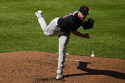 Jun 5, 2021; Baltimore, Maryland, USA;  Cleveland Indians starting pitcher Aaron Civale (43) delivers a first inning pitch against the Baltimore Orioles at Oriole Park at Camden Yards. Mandatory Credit: Tommy Gilligan-USA TODAY Sports