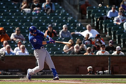Jun 5, 2021; San Francisco, California, USA; Chicago Cubs third baseman Patrick Wisdom (16) hits a home run during the second inning against the San Francisco Giants at Oracle Park. Mandatory Credit: Darren Yamashita-USA TODAY Sports
