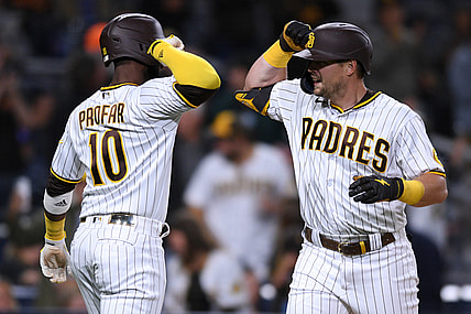 Jun 7, 2021; San Diego, California, USA; San Diego Padres right fielder Brian O'Grady (right) is congratulated by center fielder Jurickson Profar (10) after hitting a two-run home run against the Chicago Cubs during the third inning at Petco Park. Mandatory Credit: Orlando Ramirez-USA TODAY Sports