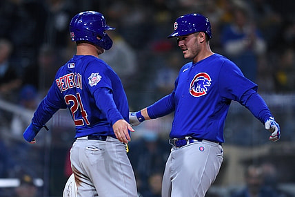 Jun 8, 2021; San Diego, California, USA; Chicago Cubs first baseman Anthony Rizzo (right) celebrates with left fielder Joc Pederson (24) after hitting a two-run home run against the San Diego Padres during the seventh inning at Petco Park. Mandatory Credit: Orlando Ramirez-USA TODAY Sports