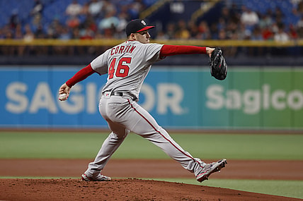 Jun 9, 2021; St. Petersburg, Florida, USA;Washington Nationals starting pitcher Patrick Corbin (46) throws a pitch against the Tampa Bay Rays  during the first inning at Tropicana Field. Mandatory Credit: Kim Klement-USA TODAY Sports