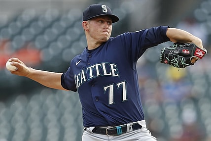 Jun 9, 2021; Detroit, Michigan, USA; Seattle Mariners starting pitcher Chris Flexen (77) throws a pitch during the first inning against the Detroit Tigers at Comerica Park. Mandatory Credit: Raj Mehta-USA TODAY Sports
