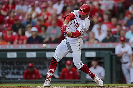 Jun 9, 2021; Cincinnati, Ohio, USA; Cincinnati Reds first baseman Joey Votto (19) hits against the Milwaukee Brewers in the first inning at Great American Ball Park. Mandatory Credit: Katie Stratman-USA TODAY Sports