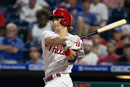 Jun 9, 2021; Philadelphia, Pennsylvania, USA; Philadelphia Phillies third baseman Luke Williams (30) hits a double during the fourth inning against the Atlanta Braves at Citizens Bank Park. Mandatory Credit: Bill Streicher-USA TODAY Sports